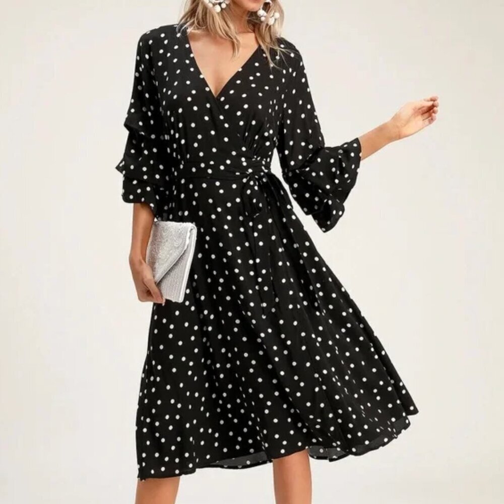 Lulus Polka Dot Wrap Dress Black and White Size Medium